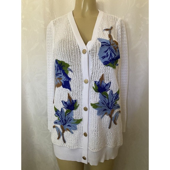 NWOT MISOOK Embroidered Pointelle Knit Boyfriend Cardigan Sweater White … - Picture 3 of 7
